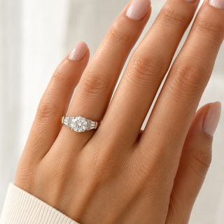 Natural Round and Baguette Cut Diamond Bridal Ring 18KT Yellow Gold GIA