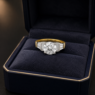 Natural Round and Baguette Cut Diamond Bridal Ring 18KT Yellow Gold GIA