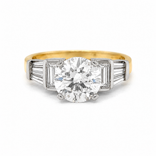 Natural Round and Baguette Cut Diamond Bridal Ring 18KT Yellow Gold GIA