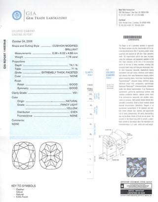 1.76 Carat Fancy Light Yellow Diamond Cushion Cut VS1 GIA