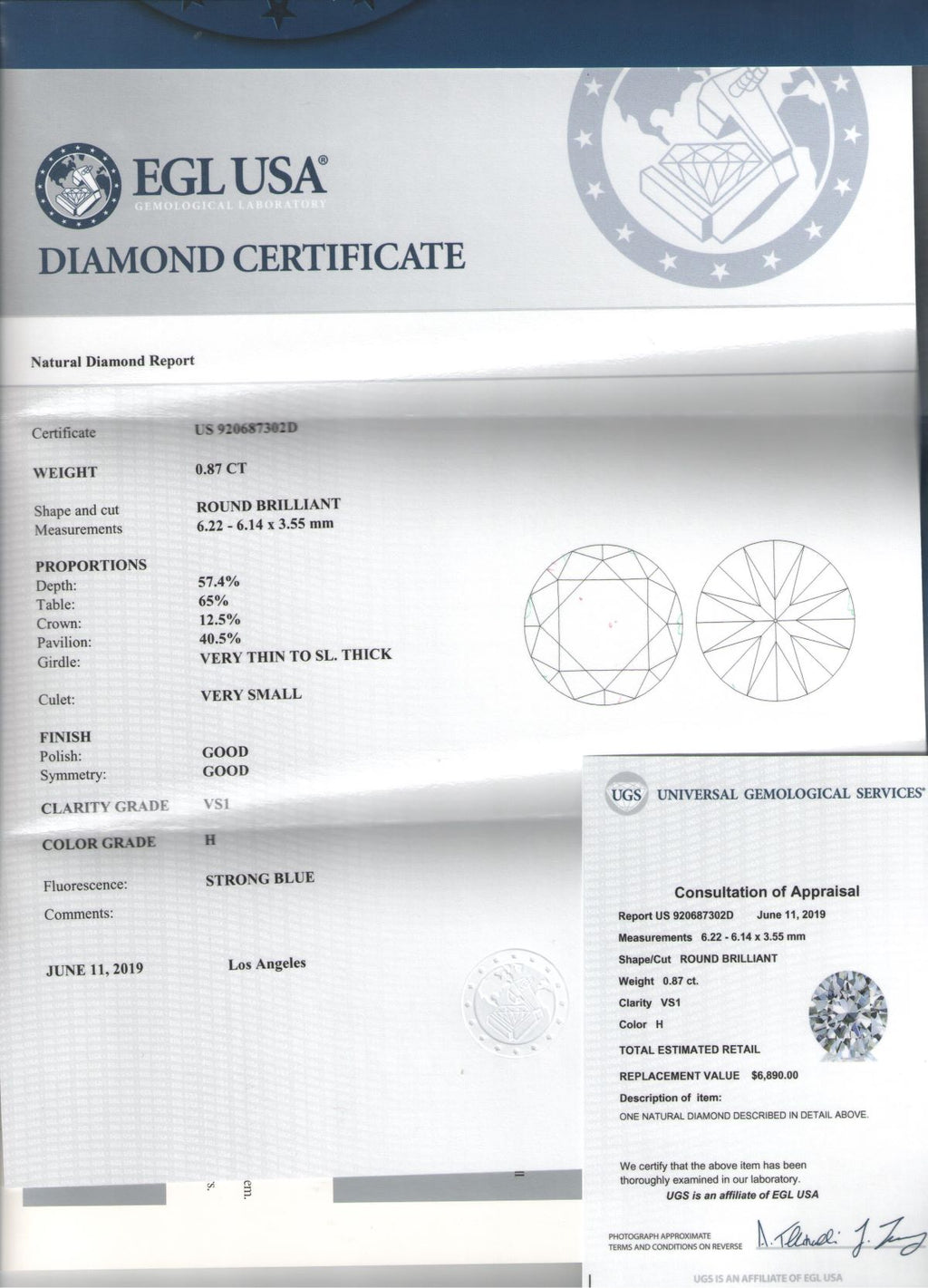 0.87 ct Diamond Round Cut H VS1 (EGLUSA) US920687302D