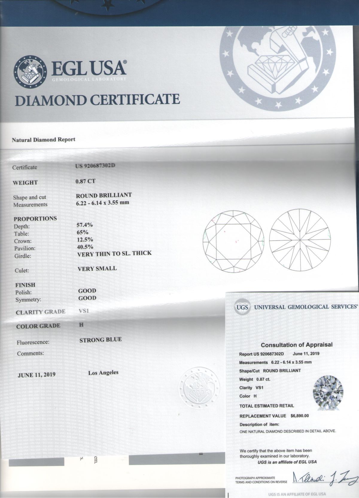 0.87 ct Diamond Round Cut H VS1 (EGLUSA) US920687302D