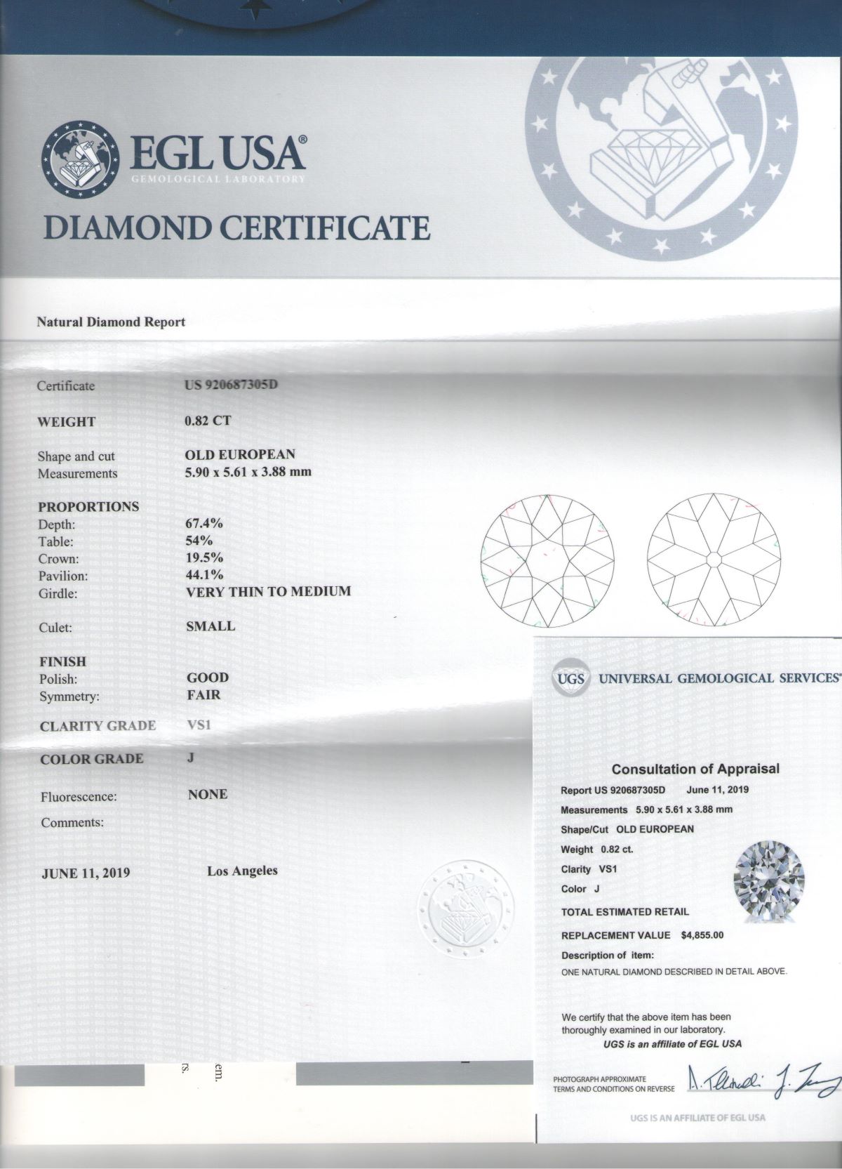 0.82 ct Diamond EU J VS1 (EGLUSA) US920687305D