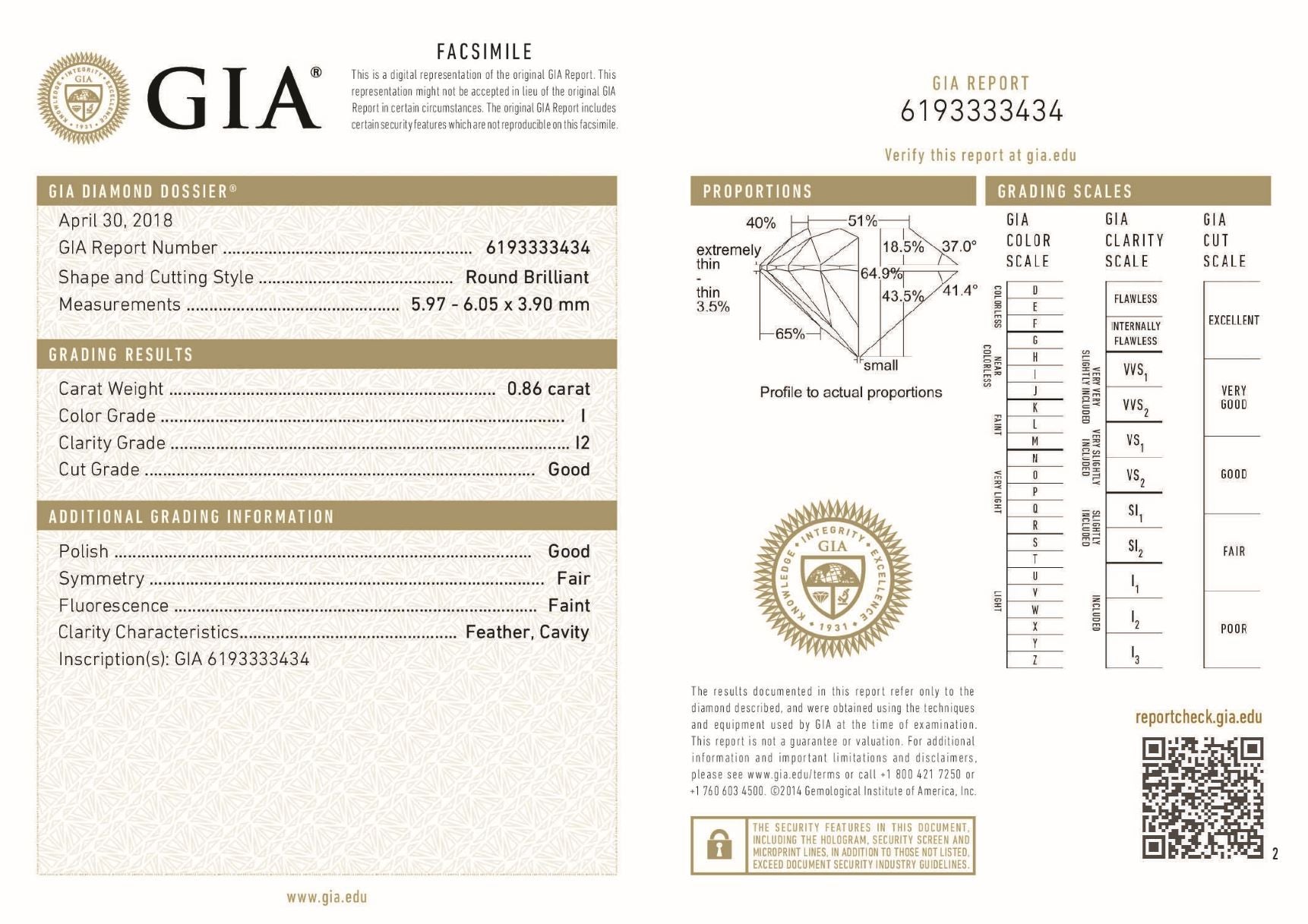 0.86 ct Diamond Round Cut I I2 (GIA) 6193333434