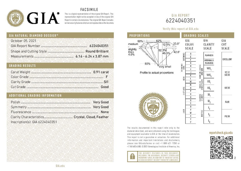 0.91 ct Diamond Round Cut F SI1 (GIA) 6224040351