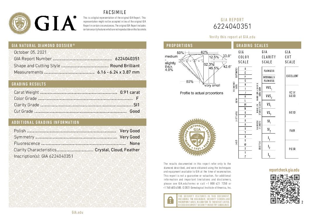 0.91 ct Diamond Round Cut F SI1 (GIA) 6224040351