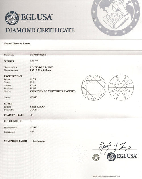 0.7 ct Diamond Round Cut E SI3 (EGLUSA) US 904170820D
