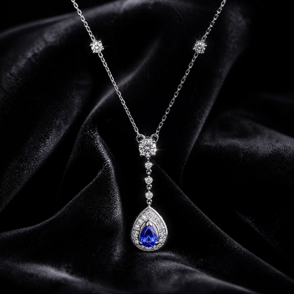 Natural Pear Shaped Tanzanite Diamond Halo Cocktail Necklace Pendant 14KT White Gold