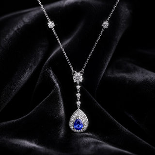 Natural Pear Shaped Tanzanite Diamond Halo Cocktail Necklace Pendant 14KT White Gold