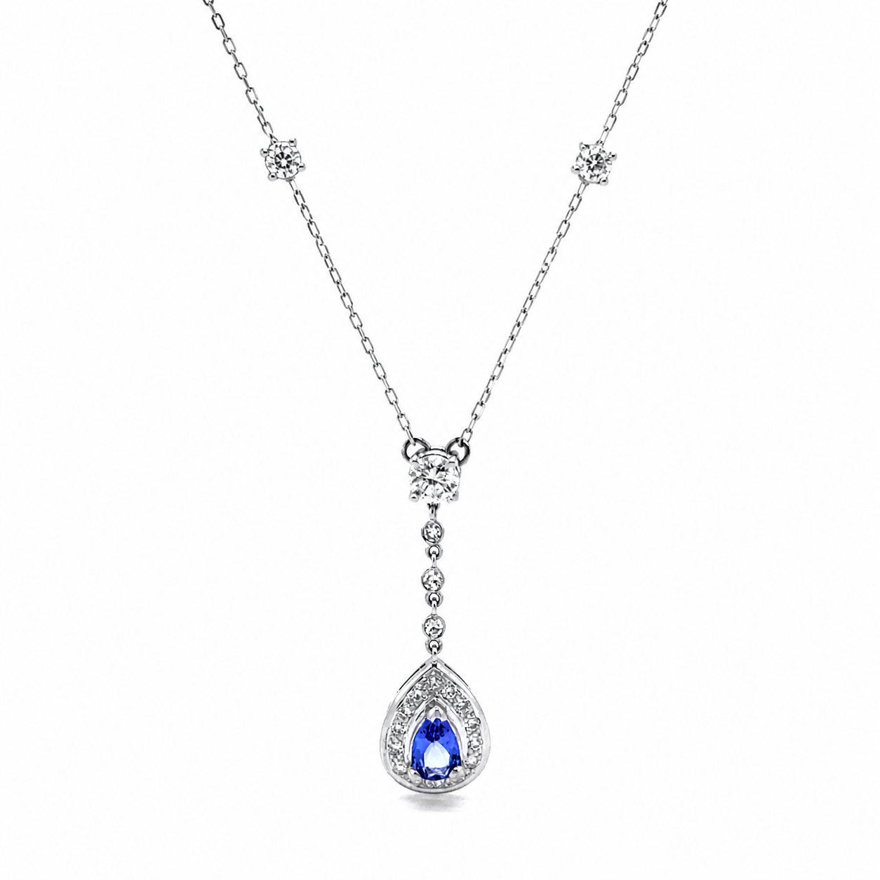Natural Pear Shaped Tanzanite Diamond Halo Cocktail Necklace Pendant 14KT White Gold