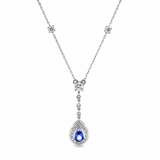 Natural Pear Shaped Tanzanite Diamond Halo Cocktail Necklace Pendant 14KT White Gold