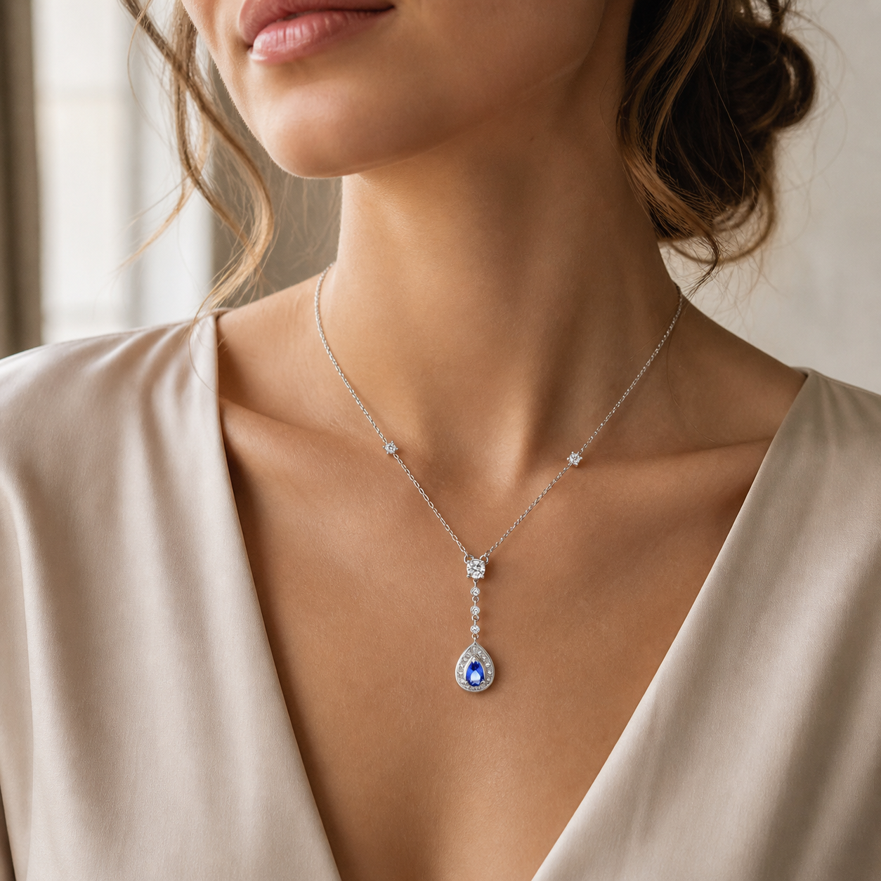 Natural Pear Shaped Tanzanite Diamond Halo Cocktail Necklace Pendant 14KT White Gold