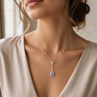 Natural Pear Shaped Tanzanite Diamond Halo Cocktail Necklace Pendant 14KT White Gold