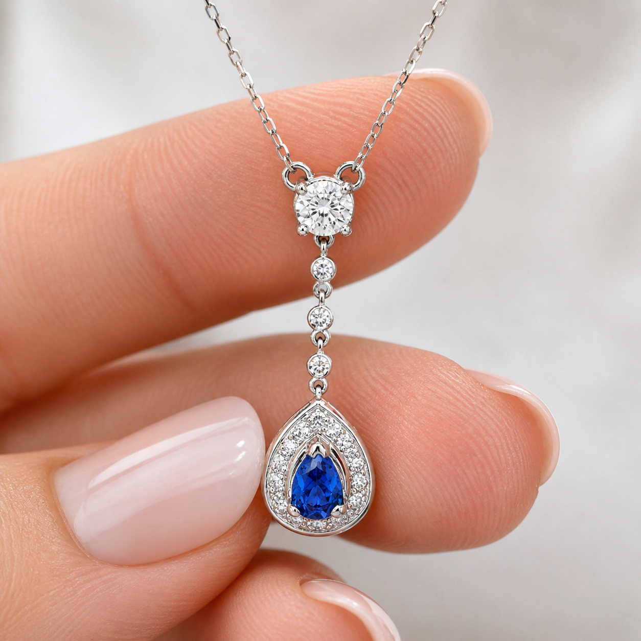 Natural Pear Shaped Tanzanite Diamond Halo Cocktail Necklace Pendant 14KT White Gold