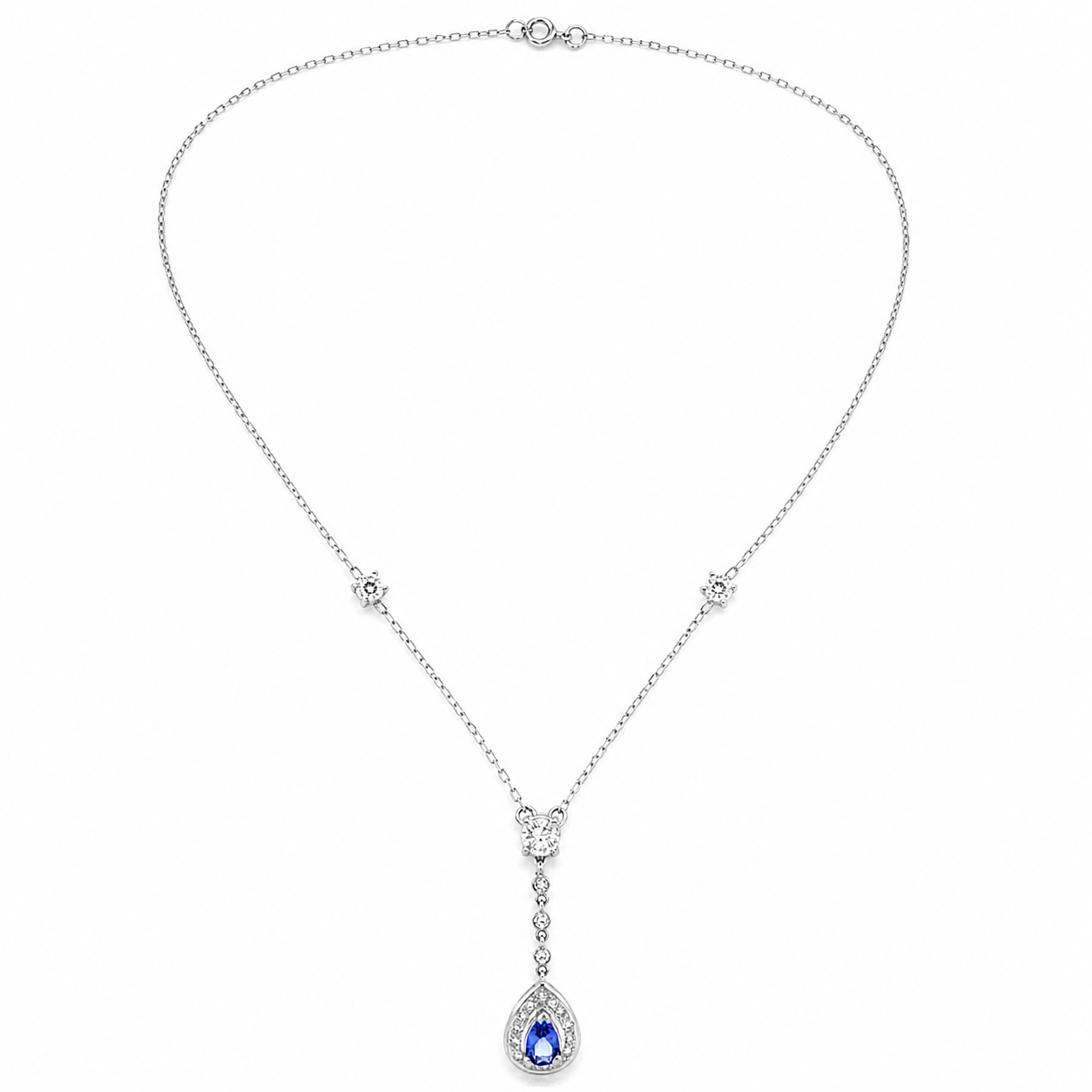 Natural Pear Shaped Tanzanite Diamond Halo Cocktail Necklace Pendant 14KT White Gold