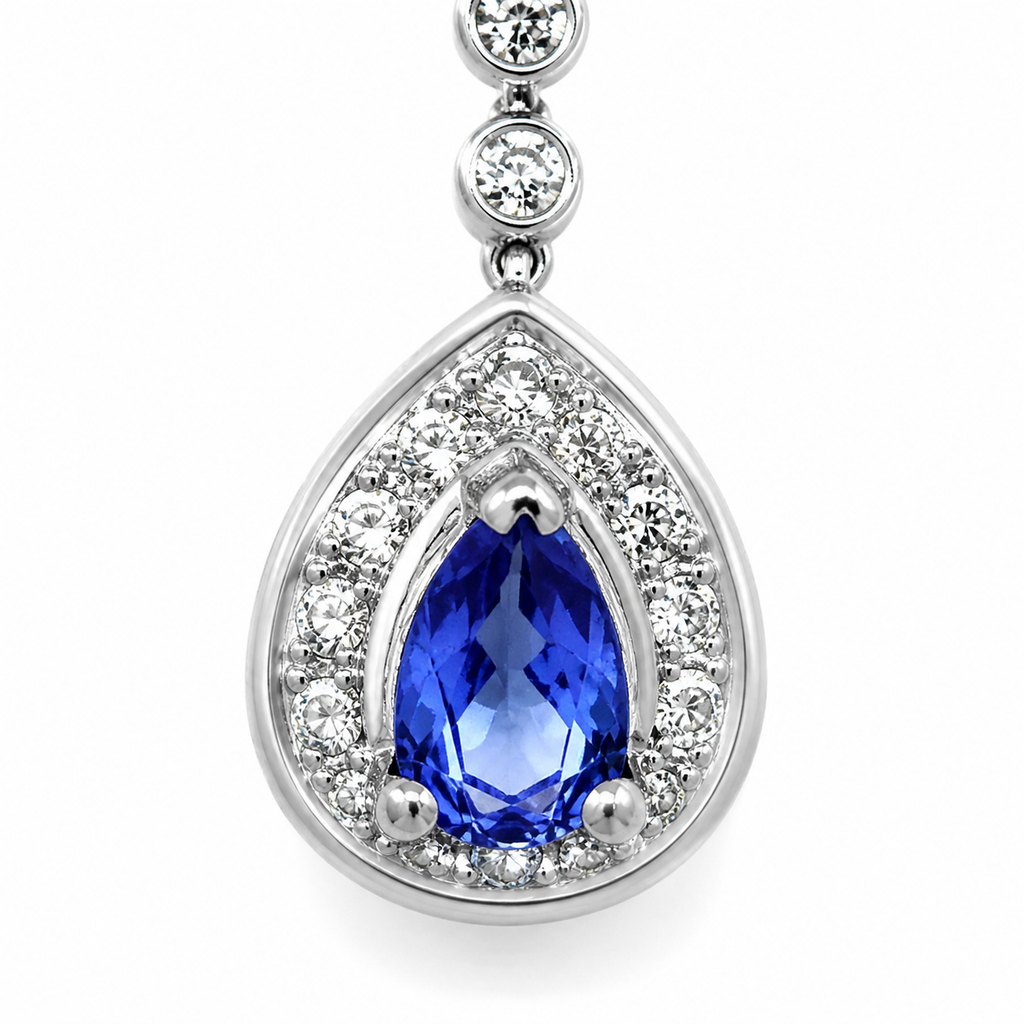 Natural Pear Shaped Tanzanite Diamond Halo Cocktail Necklace Pendant 14KT White Gold