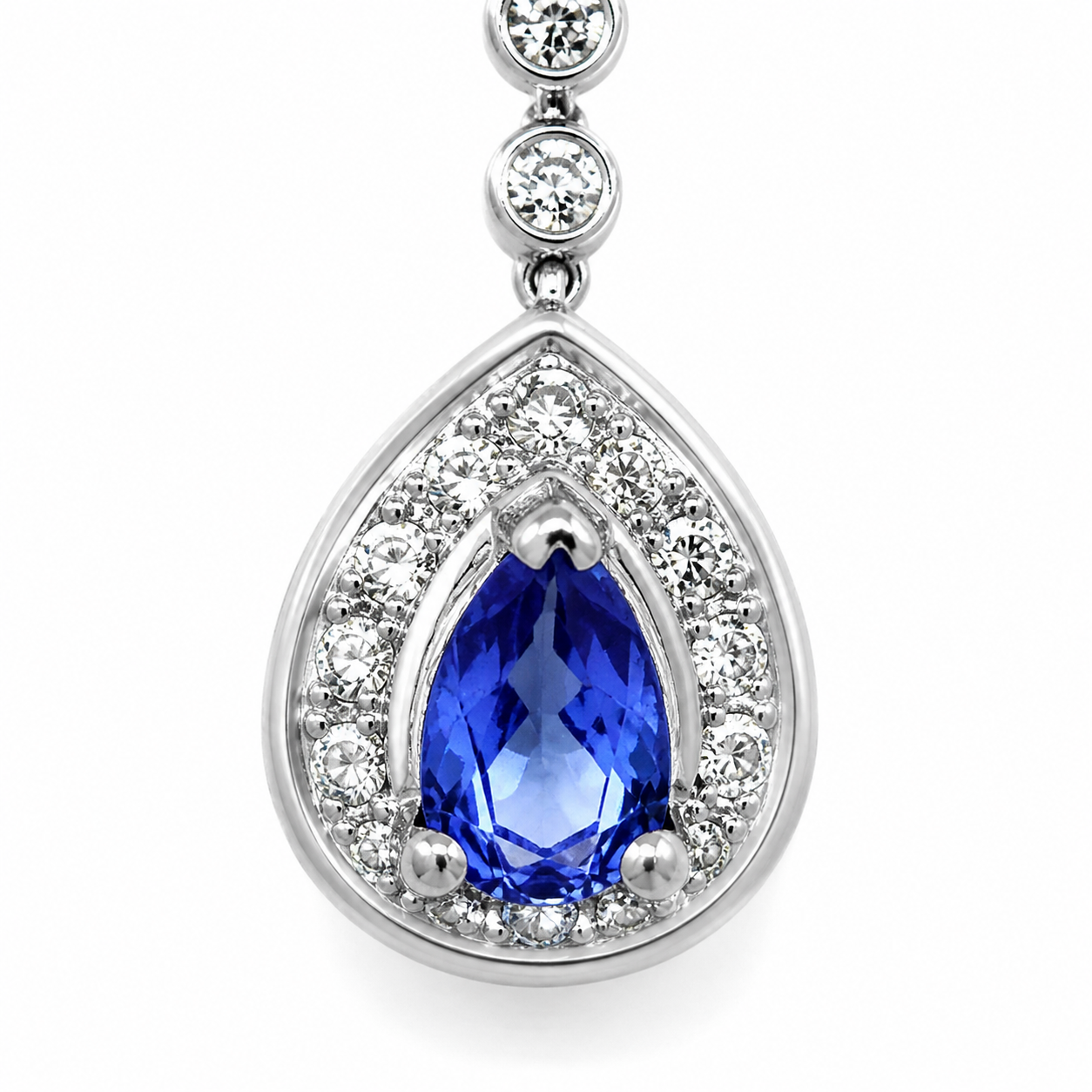 Natural Pear Shaped Tanzanite Diamond Halo Cocktail Necklace Pendant 14KT White Gold