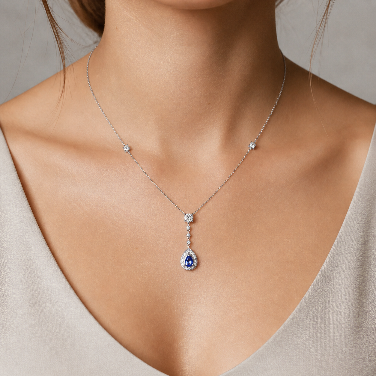 Natural Pear Shaped Tanzanite Diamond Halo Cocktail Necklace Pendant 14KT White Gold