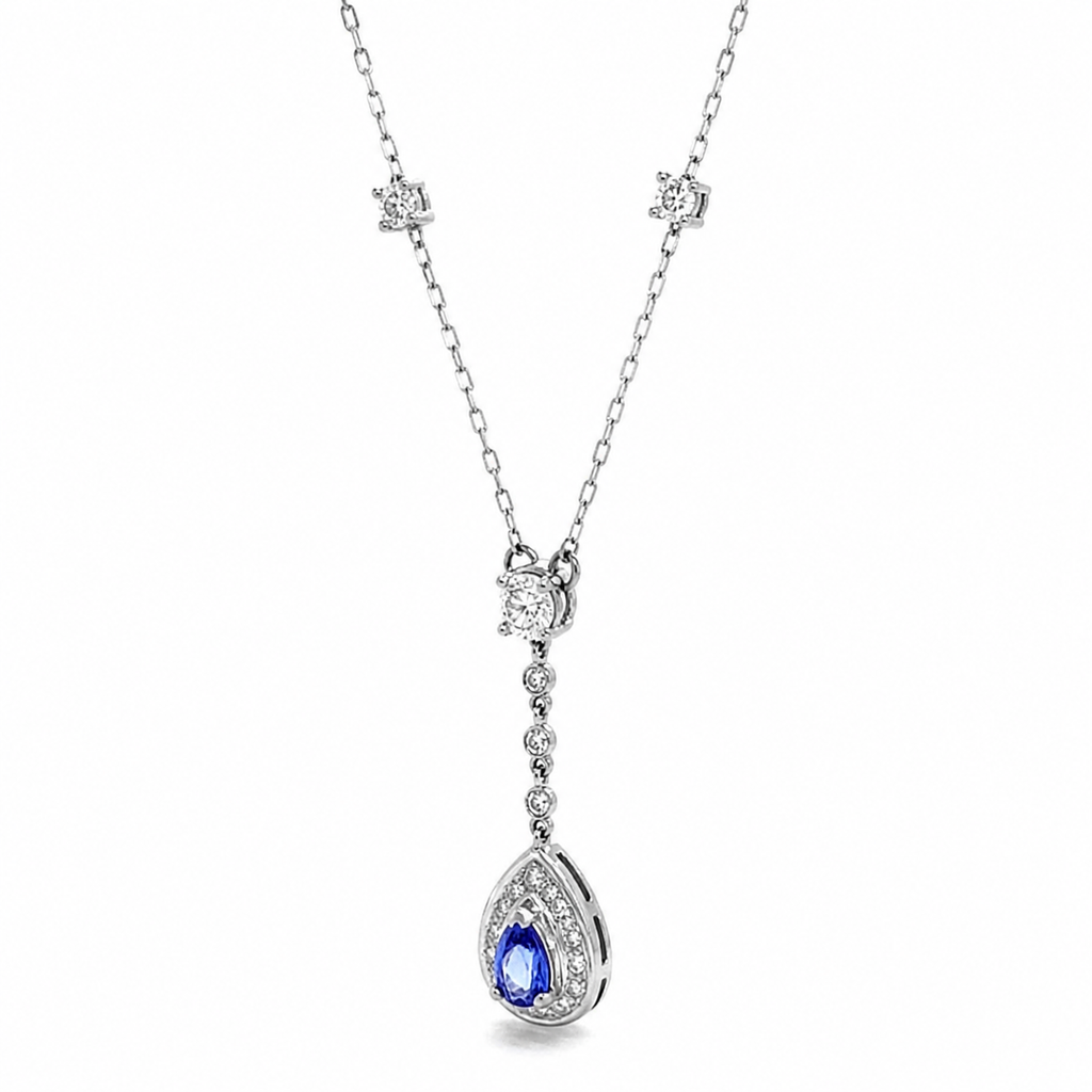 Natural Pear Shaped Tanzanite Diamond Halo Cocktail Necklace Pendant 14KT White Gold