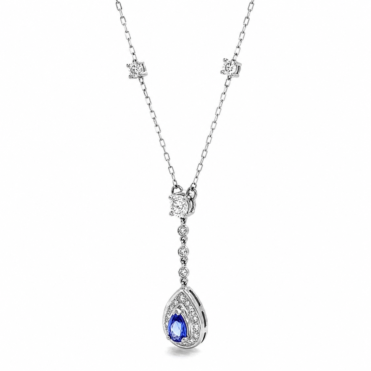 Natural Pear Shaped Tanzanite Diamond Halo Cocktail Necklace Pendant 14KT White Gold