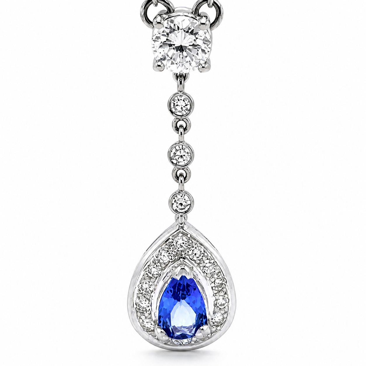 Natural Pear Shaped Tanzanite Diamond Halo Cocktail Necklace Pendant 14KT White Gold