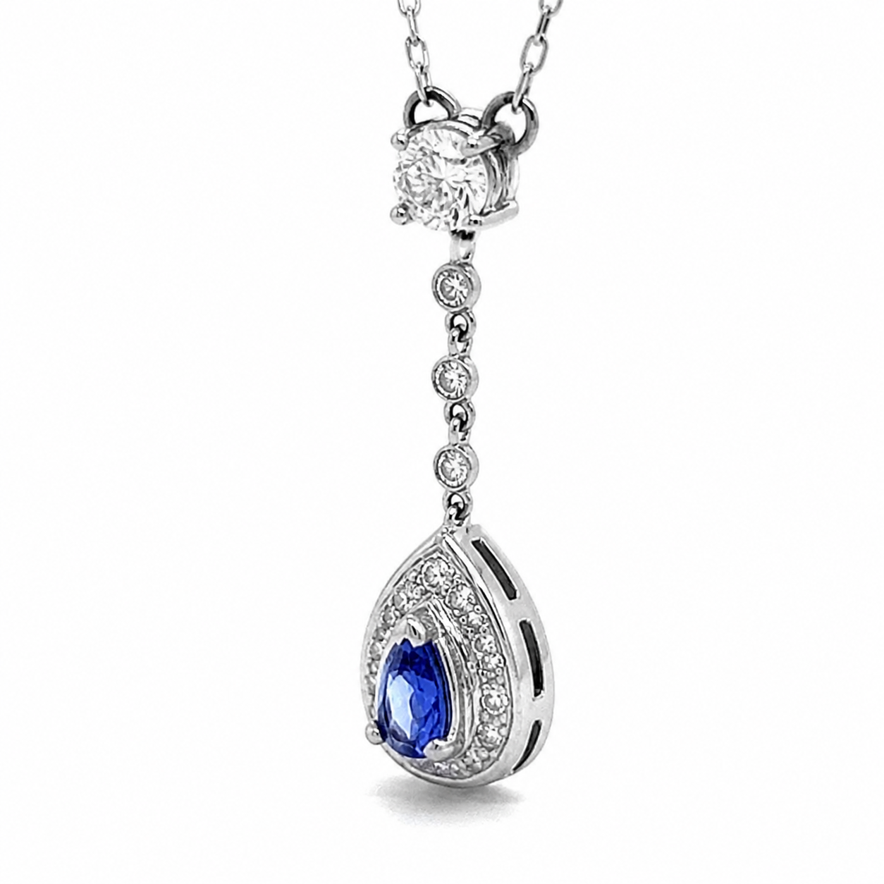 Natural Pear Shaped Tanzanite Diamond Halo Cocktail Necklace Pendant 14KT White Gold