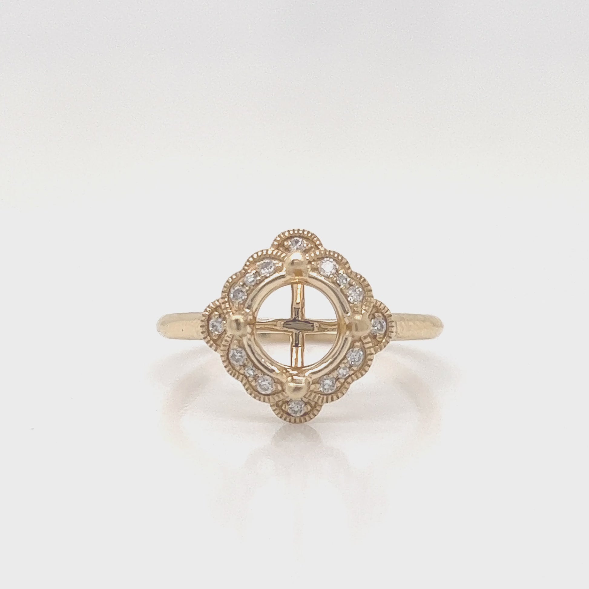 Semi-Mount with Natural Round Diamond Halo Art Deco Cocktail Ring, in Yellow Gold