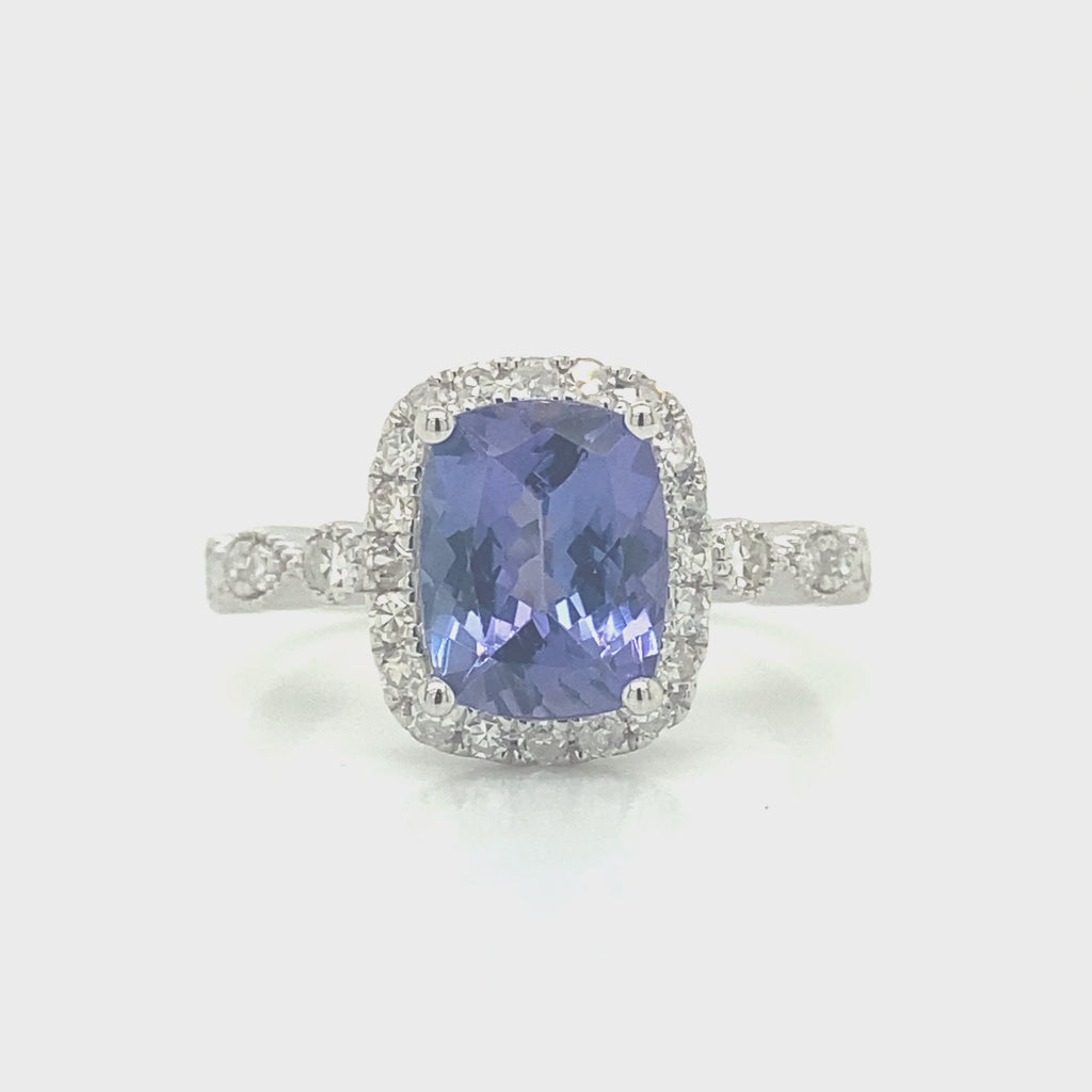Natural Tanzanite and Diamond Halo Art Deco Cocktail Ring White Gold