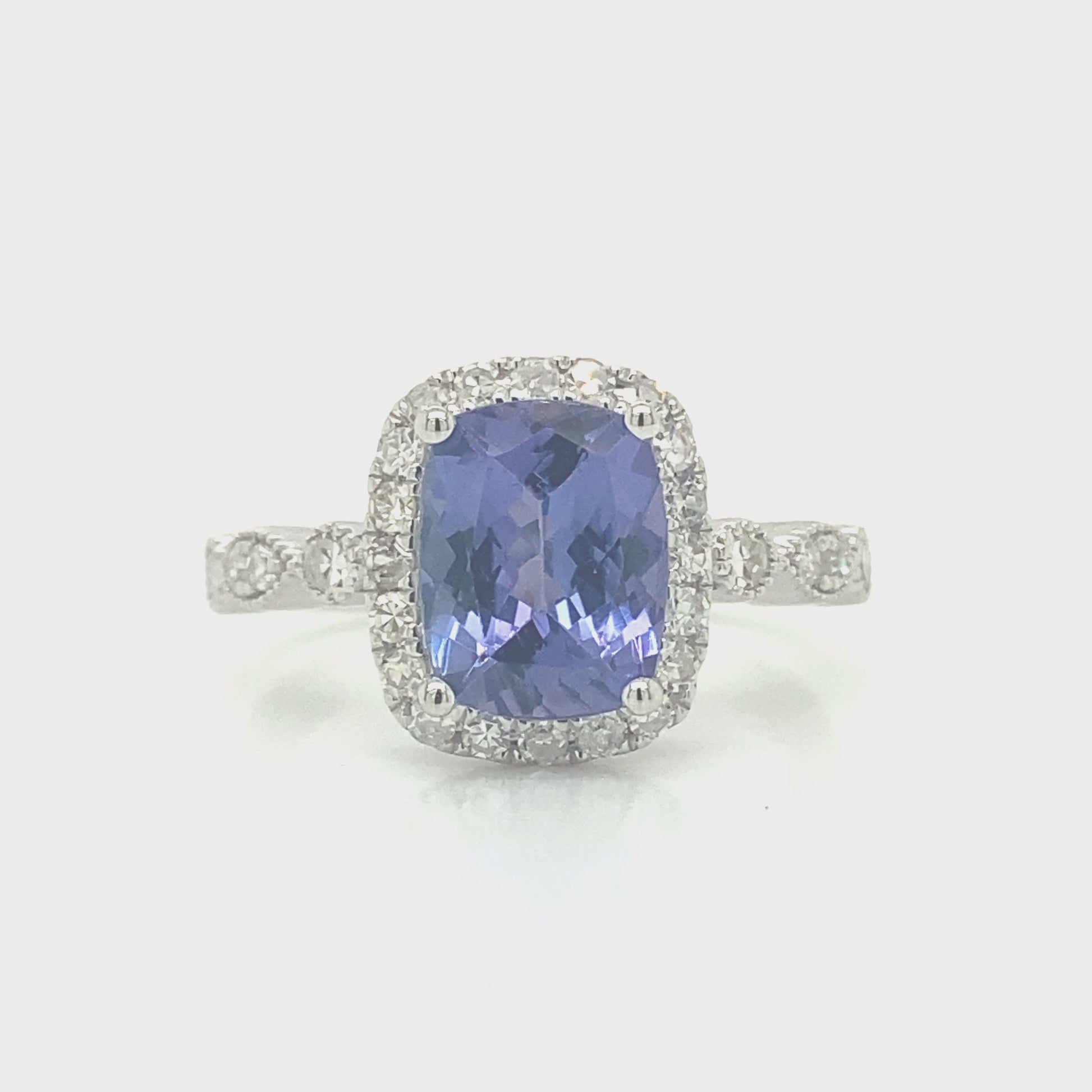Natural Tanzanite and Diamond Halo Art Deco Cocktail Ring White Gold