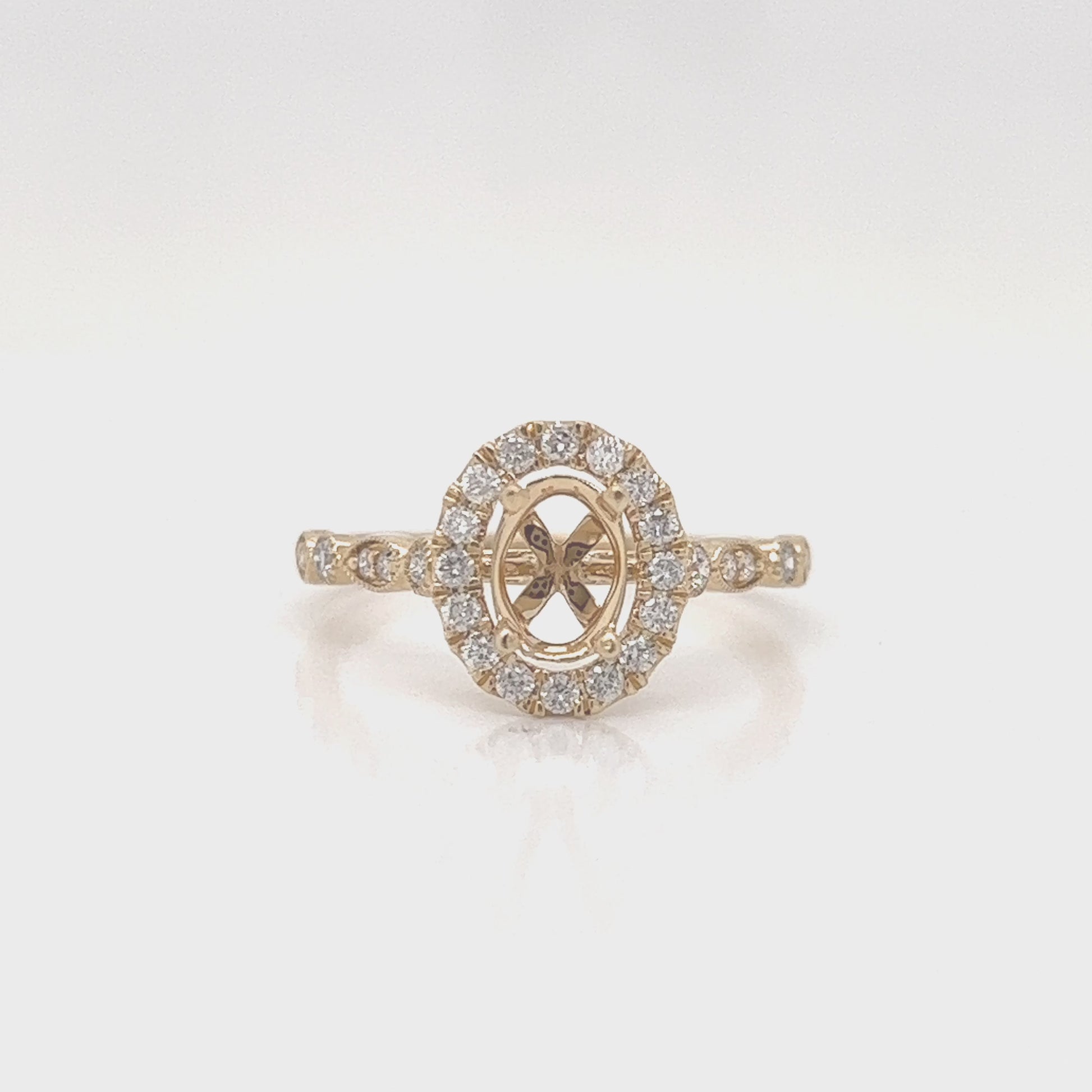 Semi-Mount Fits 7 x 5 mm with Natural Diamond Halo Ring, in Yellow Gold
