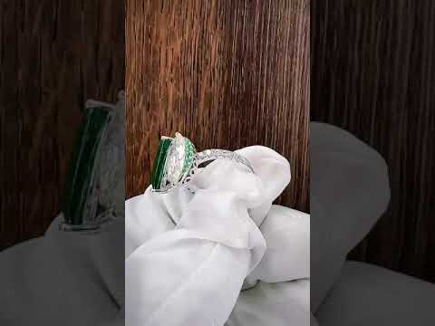 Natural Pear Shaped Green Emerald and Marquise Cut Halo Bypass Ring White Gold