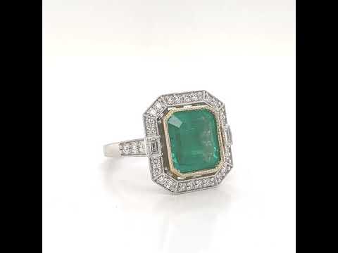 Natural Emerald and Diamond Halo Cocktail Bridal Ring, in White Gold