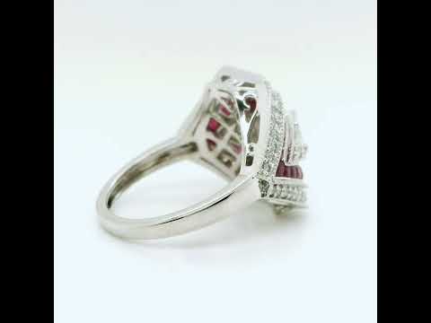 Natural Radiant Cut Diamond and Rubies Cocktail Ring, in White Gold