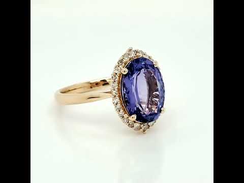 Natural Tanzanite and Diamond Halo Floral Ring, in Yellow Gold