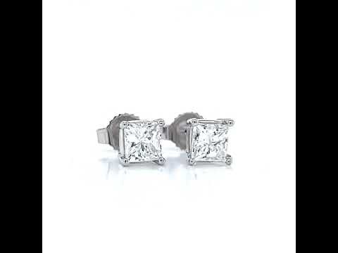 Natural Princess Cut Diamond Stud Earrings, in White Gold