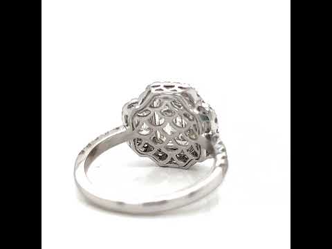 Natural Emerald Cut Diamond 3 Stone Halo Ring, in White Gold