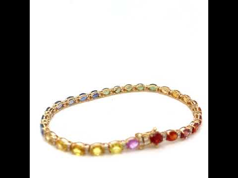 Natural Oval Sapphires Multi-color Rainbow and Diamond Bracelet, in Yellow Gold