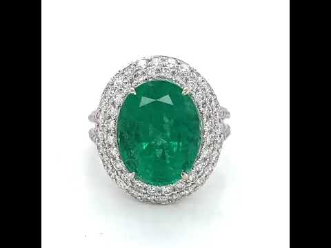 Natural Green Emerald Diamond Halo Cocktail Ring, in White Gold