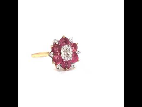 Natural Old European Oval Cut Diamond & Pink Sapphire Cluster Ring, in Yellow Gold
