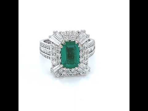 Natural Emerald and Diamond Halo Art Deco Cocktail Ring, in White Gold