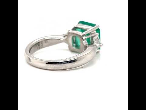 Natural Emerald and Diamond 3 Stone Platinum Ring GIA