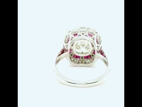 Natural Cushion Cut Diamond and Rubies Bridal Cocktail Ring, in White Gold