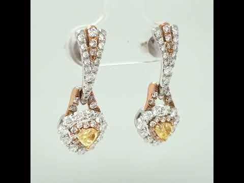 Natural Fancy Yellow Heart Diamond Halo Cocktail Earring, in Tri-Tone Gold