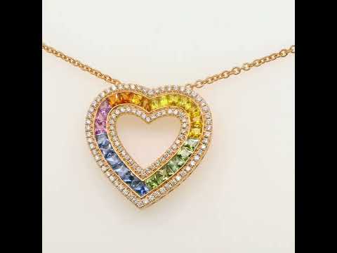 Muti-Colored Natural Sapphires and Diamonds Heart Shape Cocktail Pendant, in Rose Gold
