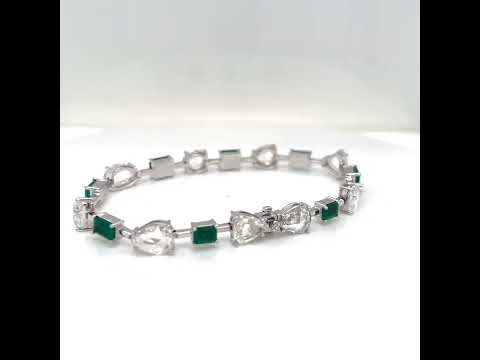 Natural Emerald Cut Green Emerald and Rose Cut Diamond Link Bracelet White Gold