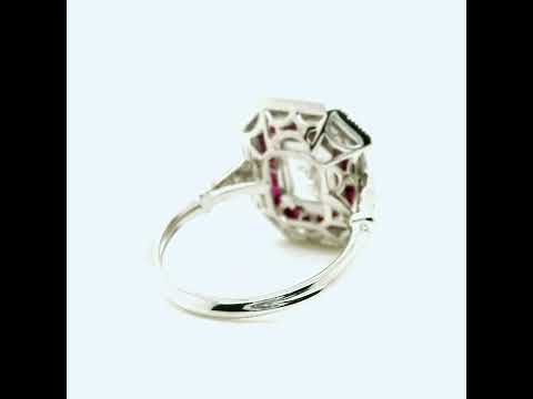 Natural Emerald Cut Diamond and Ruby Cocktail Ring, in White Gold