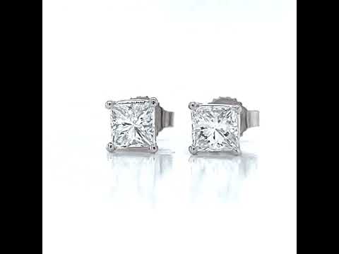 Natural Princess Cut Diamond Stud Earrings, in White Gold