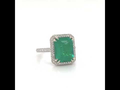 5 Carat Natural Mined Green Emerald with Natural Mined 1.10 Carat Round Diamonds 18KT White Gold Ring