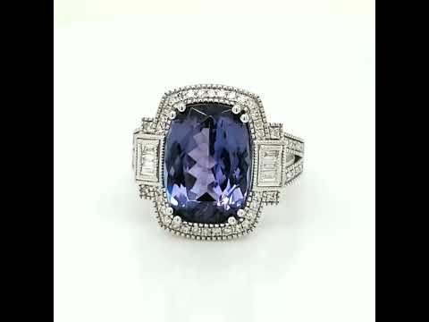 Natural Tanzanite and Diamond Cluster Art Deco Cocktail Ring, in White Gold