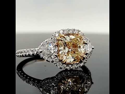 Natural Fancy Light Yellow Diamond Halo 3 Stone Ring, in White Gold